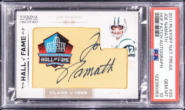2011-12 Panini Playoff Joe Namath National Treasures Hall of Fame Patch Autograph #20 card image