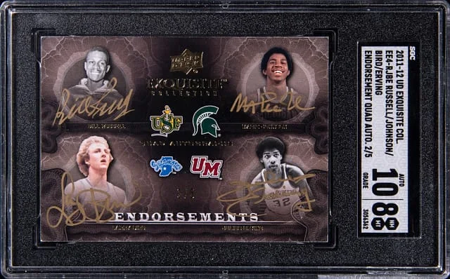 2011-12 Upper Deck Exquisite Collection Bill Russell/Julius Erving/Magic Johnson/Larry Bird Multi-Signed Endorsements Quad Autographs #EE4-RJBE card image
