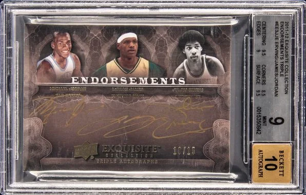 2011-12 Upper Deck Exquisite Collection Julius Erving/LeBron James/Michael Jordan Multi-Signed Endorsements Triple #EE3-JJE card image