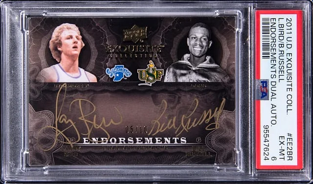 2011-12 Upper Deck Exquisite Collection Larry Bird/Bill Russell Endorsements Dual Autographs #EE2-BR card image