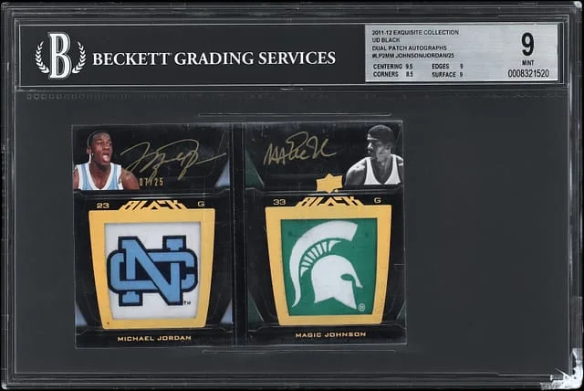 2011-12 Upper Deck Exquisite Collection Larry Bird/Magic Johnson UD Black Dual Patch Autographs #LP2MM card image