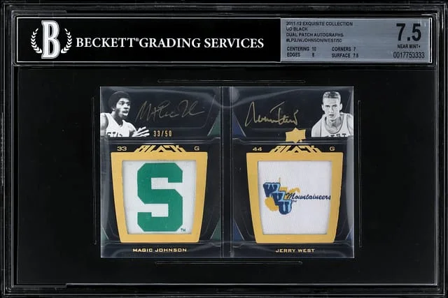 2011-12 Upper Deck Exquisite Collection Magic Johnson/Jerry West Black Dual Patch Autographs #LP2-JW card image
