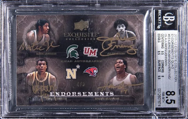2011-12 Upper Deck Exquisite Collection Magic Johnson/Julius Erving/David Robinson/Hakeem Olajuwon Multi-Signed Endorsements Quad Autograph #EE4-JERO card image