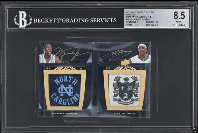 2011-12 Upper Deck Exquisite Collection Michael Jordan/LeBron James UD Black Dual Patch Autographs #LP2-JJ card image