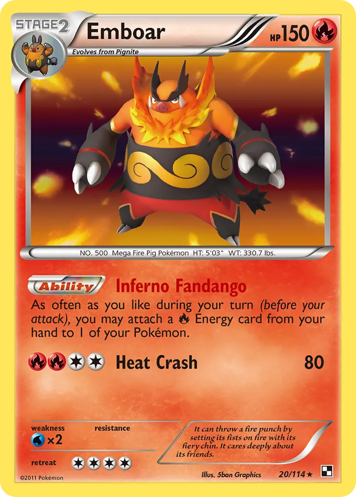 2011 Black & White Emboar #020/114 Rare Holo card image