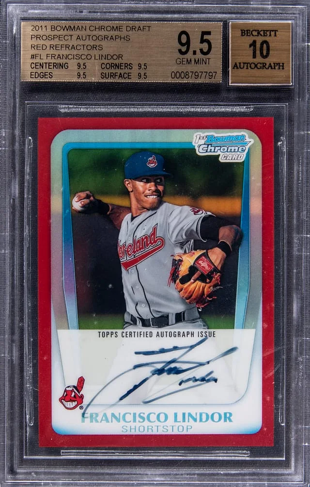 2011 Bowman Chrome Draft Francisco Lindor Prospect Autographs Red Refractor #BCAP-FL card image
