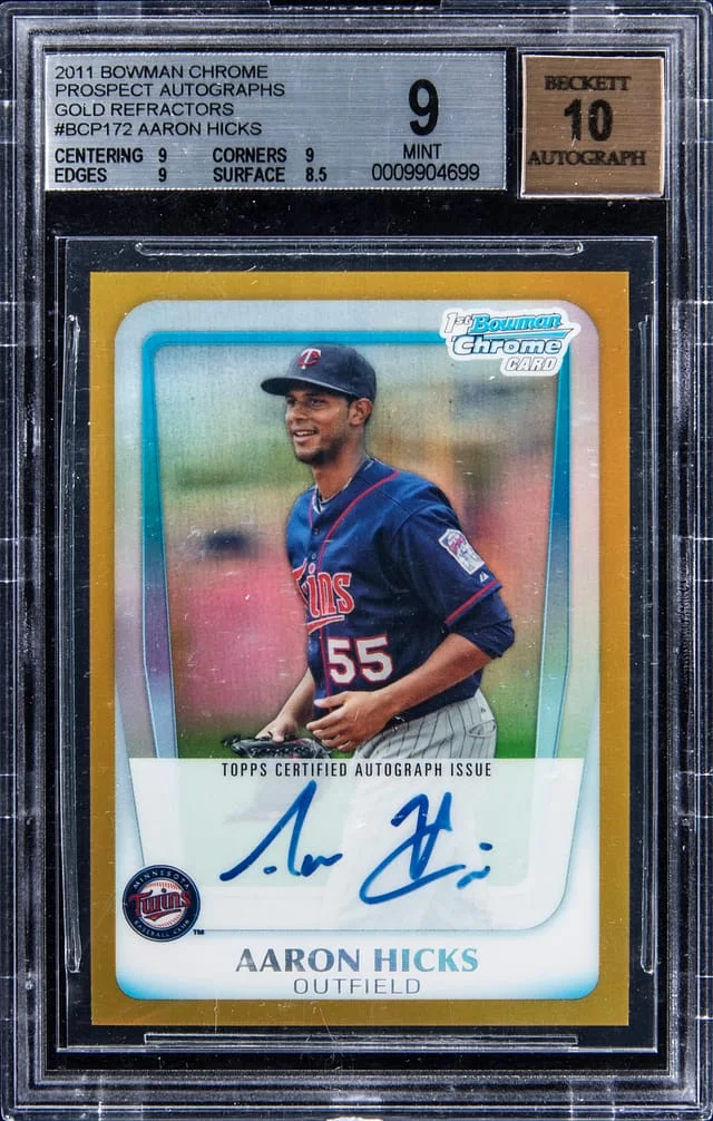 2011 Bowman Chrome Prospects Aaron Hicks Autographs Gold Refractors #BCP172 card image