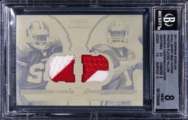 2011 Bowman Sterling Colin Kaepernick/Kendall Hunter Dual Dual Jersey Box Topper Printing Plates Yellow #BSDR-KH card image