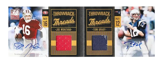 2011 Donruss Elite Tom Brady/Joe Montana Throwback Threads #4 card image