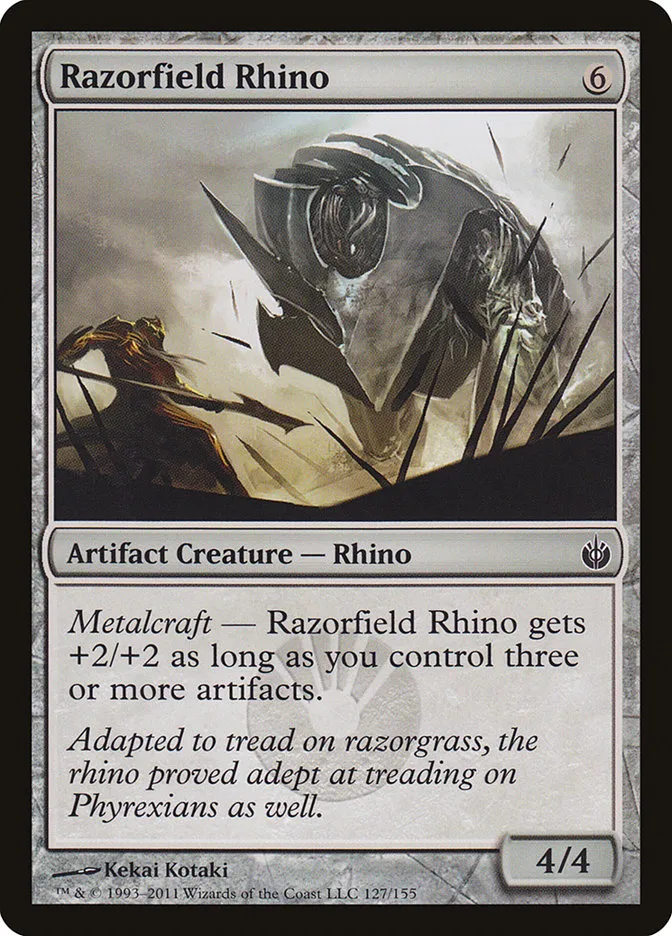 2011 Mirrodin Besieged Razorfield Rhino #127 common card image
