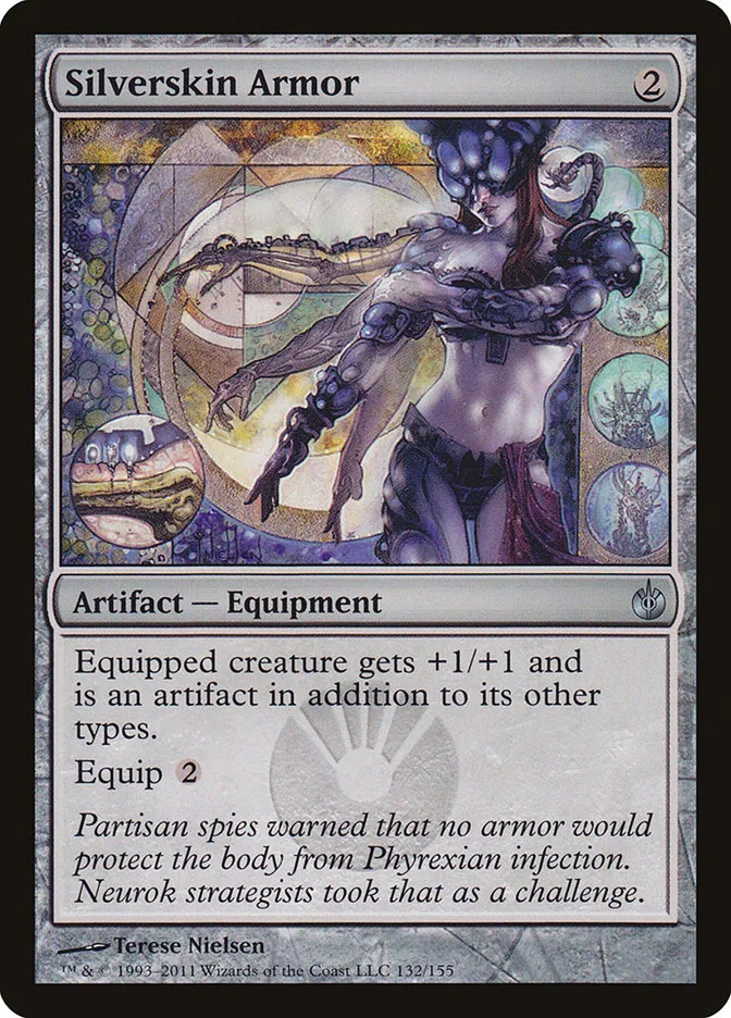 2011 Mirrodin Besieged Silverskin Armor #132 uncommon card image