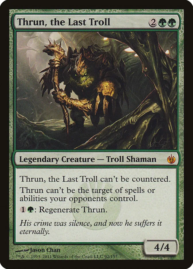 2011 Mirrodin Besieged Thrun, the Last Troll #92 mythic card image