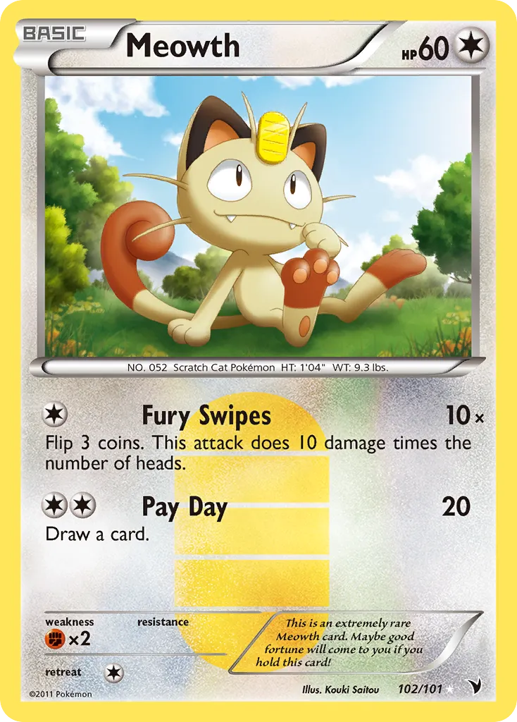 2011 Noble Victories Meowth Rare Secret #102/101 Rare Secret card image