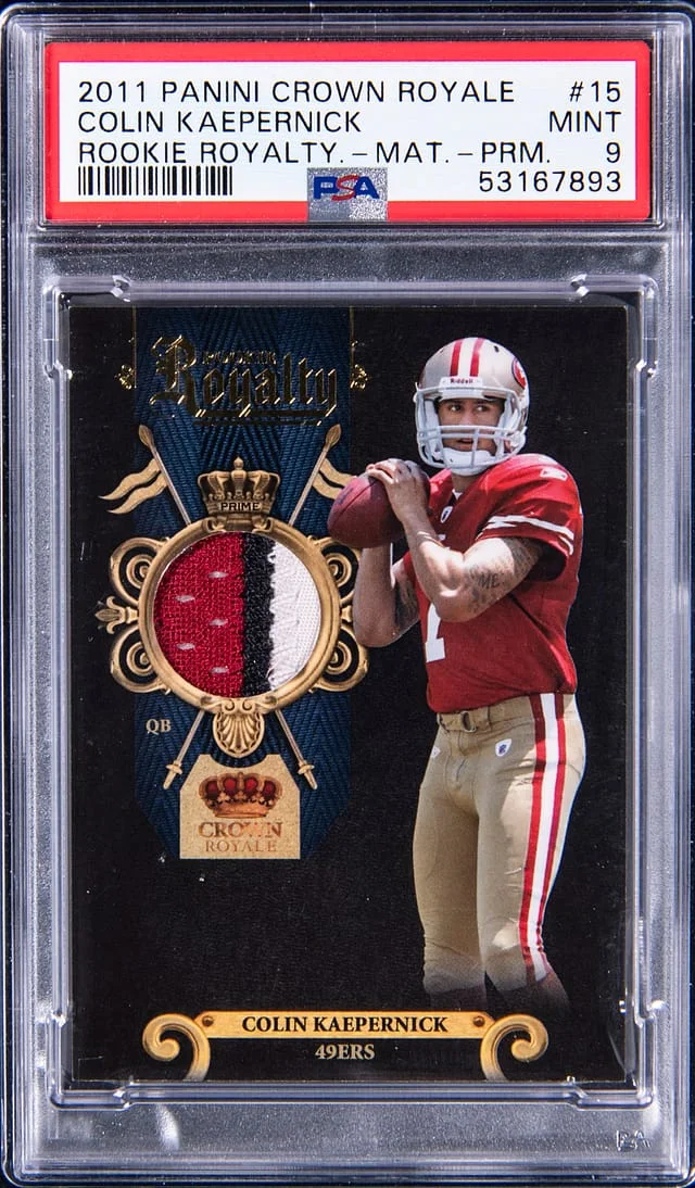 2011 Panini Crown Royale Colin Kaepernick Royalty Material Prime #15 card image