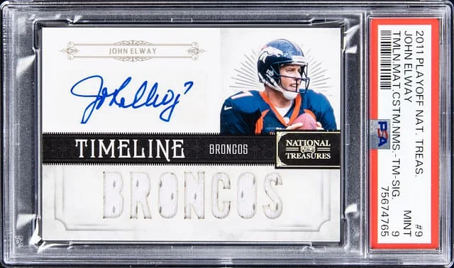 2011 Panini National Treasures John Elway Timeline Material Custom Team Name Signature #9 card image