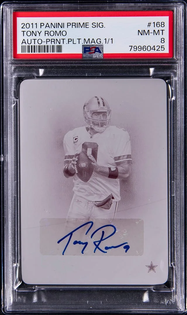 2011 Panini Tony Romo Prime Signatures Autograph Magenta Printing Plate #168 card image