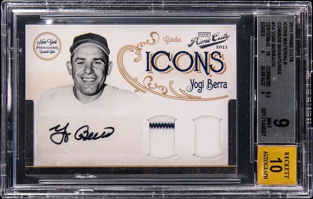 2011 Panini Yogi Berra Prime Cuts Icons Materials Combos Signatures #14 card image