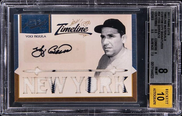 2011 Panini Yogi Berra Prime Cuts Timeline Materials Custom City Signatures #24 card image