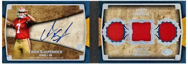 2011 Topps Colin Kaepernick Five Star Football 3-Piece Book Platinum #FSFA3-CK card image