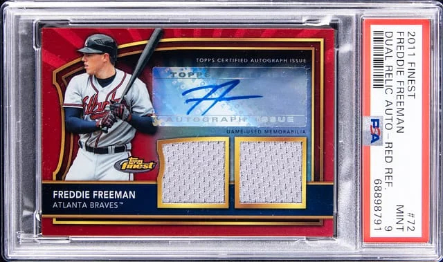 2011 Topps Finest Freddie Freeman Dual Relic Autographs Red Refractor #72 card image