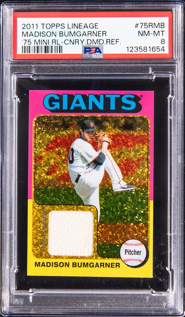 2011 Topps Madison Bumgarner Lineage '75 Mini Relic Canary Diamond Refractor #75R-MB card image