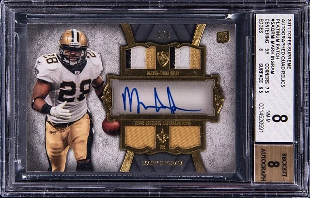 2011 Topps Mark Ingram Supreme Autograph Quad Relics Platinum Patch #SAQR-MI card image