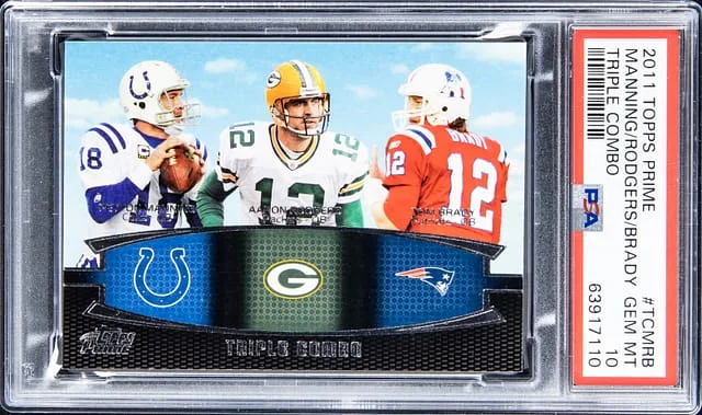 2011 Topps Peyton Manning/Aaron Rodgers/Tom Brady Prime Triple Combo #TC-MRB card image