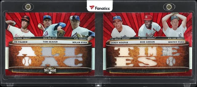 2011 Topps Triple Threads Jim Palmer/Tom Seaver/Nolan Ryan/Sandy Koufax/Bob Gibson/Whitey Ford Relic Double Combos #TTRDC-14 card image