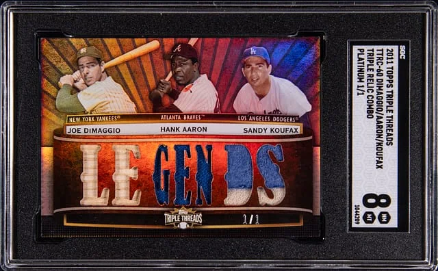 2011 Topps Triple Threads Joe DiMaggio, Hank Aaron, Sandy Koufax Triple Relic Combo #TTRC-60 card image