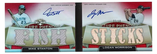 2011 Topps Triple Threads Mike Stanton/Logan Morrison & Future Phenoms Autograph Relic Pairs Booklet #RFPP-5 card image