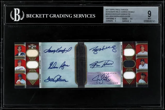 2011 Topps Triple Threads Sandy Koufax/Nolan Ryan/Tom Seaver/Roy Halladay/Felix Hernandez/Jon Lester Multi-Signed Autograph Relic Combos Double #TTARDC-6 card image