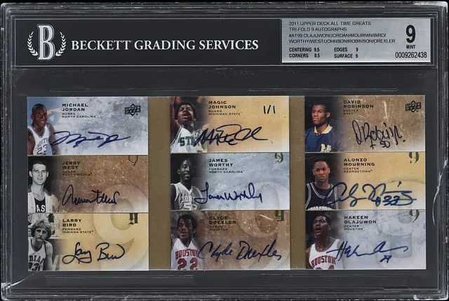 2011 Upper Deck Jordan/West/Bird/Johnson/Worthy/Drexler/Robinson/Mourning/Olajuwon Multi-Signed All Time Greats Tri-Fold 9 Autographs #AT9-9 card image