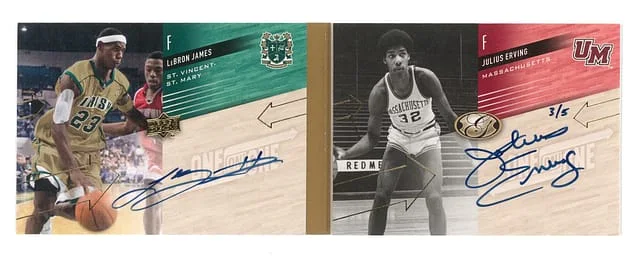 2011 Upper Deck LeBron James/Julius Erving All-Time Greats One on One Dual Book Card Autographs #ONO-EJ card image