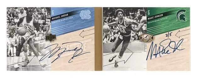 2011 Upper Deck Michael Jordan/Magic Johnson All-Time Greats One on One Dual Book Card Autographs #ONO-MM card image