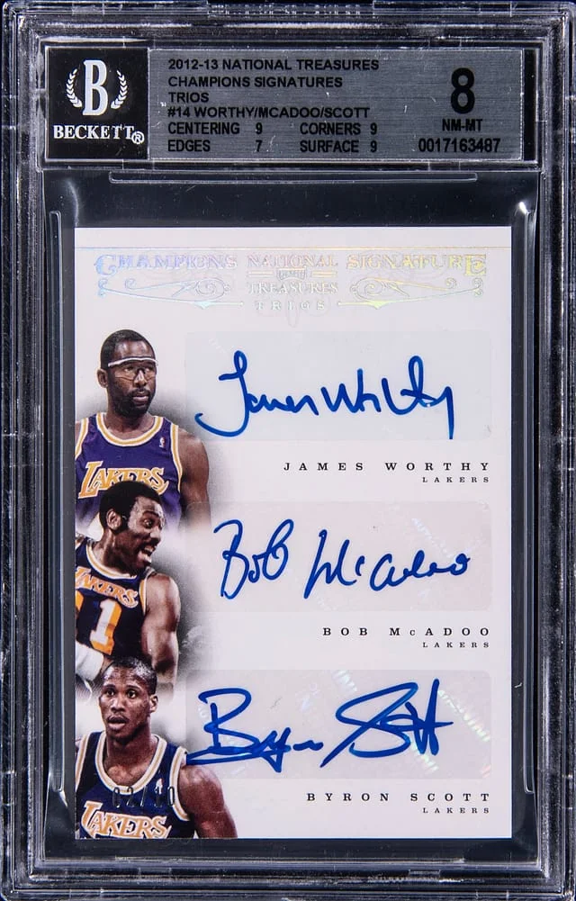 2012-13 National Treasures James Worthy/Bob McAdoo/Byron Scott Champions Signatures Trios #14 card image