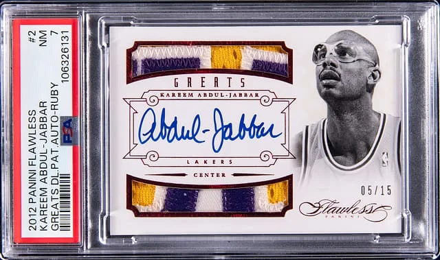 2012-13 Panini Flawless Kareem Abdul-Jabbar Greats Dual Patch Autograph Ruby #2 card image