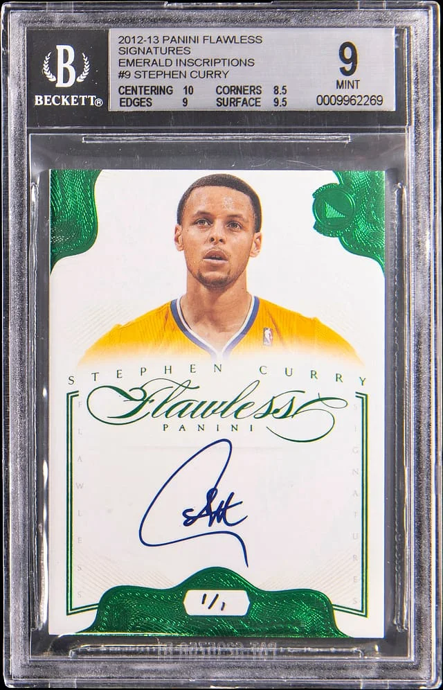 2012-13 Panini Flawless Stephen Curry Signatures Emerald Inscriptions #9 card image