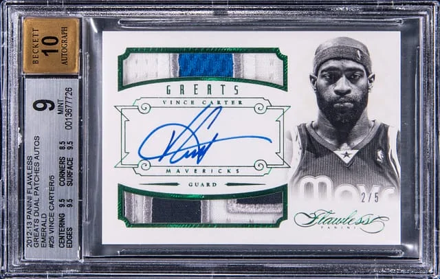 2012-13 Panini Flawless Vince Carter Greats Dual Patch Autograph Emerald #25 card image