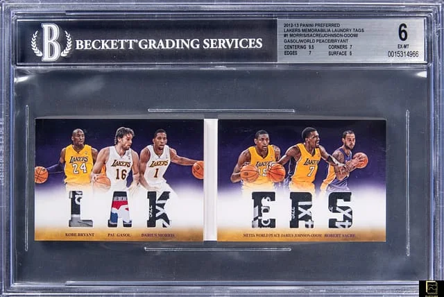 2012-13 Panini Kobe Bryant/Pau Gasol/Darius Morris/Metta World Peace/Darius Johnson-Odom/Robert Sacre Preferred Lakers Memorabilia Laundry Tags #1 card image