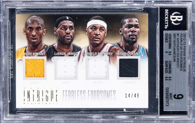 2012-13 Panini LeBron James, Kobe Bryant, Carmelo Anthony, Kevin Durant Quad Intrigue Fearless Foursomes #1 card image