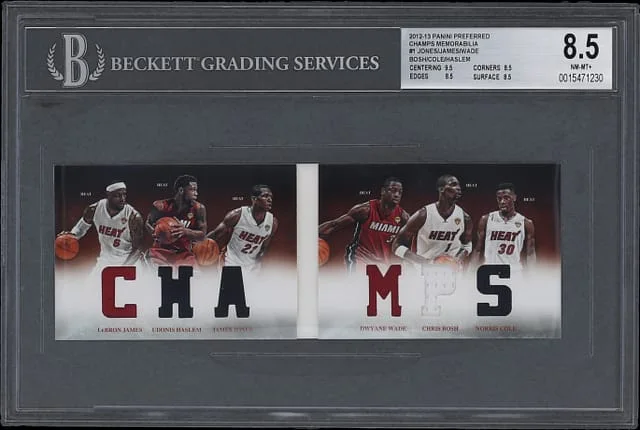 2012-13 Panini LeBron James/Haslem/Jones/Wade/Bosh/Cole Patch Booklet Preferred Champs Memorabilia #1 card image