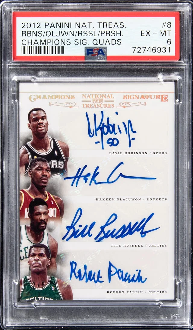 2012-13 Panini National Treasures David Robinson/Hakeem Olajuwon/Bill Russell/Robert Parish Multi-Signed Champions Signatures Quads #8 card image