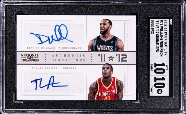 2012-13 Panini National Treasures Derrick Williams/Thomas Robinson 11 vs. '12 Signatures Gold #78 card image