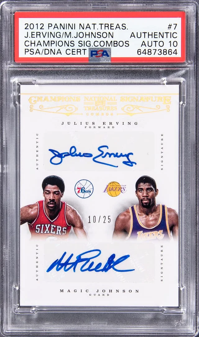 2012-13 Panini National Treasures Julius Erving/Magic Johnson Champions Signature Combos #7 card image