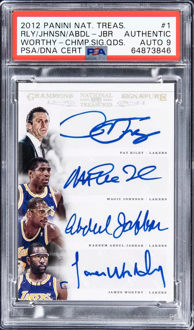 2012-13 Panini National Treasures Riler/Johnson/Abdul-Jabbar/Worthy Champion Signature Quads #1 card image