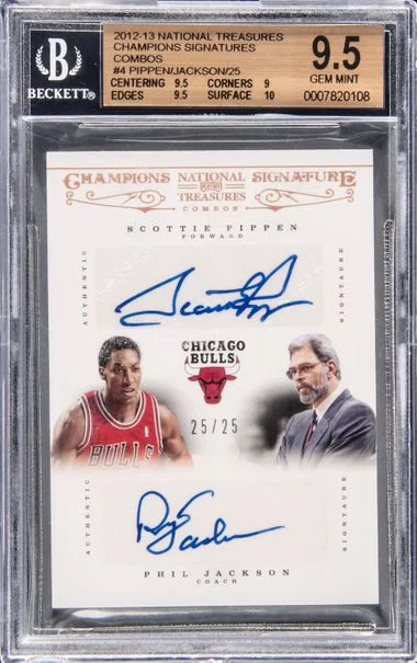 2012-13 Panini National Treasures Scottie Pippen/Phil Jackson Champions Signatures Combo #4 card image
