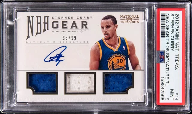 2012-13 Panini National Treasures Stephen Curry NBA Gear Trios Signature Relic #14 card image