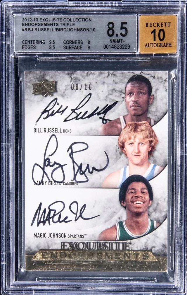 2012-13 UD Exquisite Collection Endorsements Triple Bill Russell/Larry Bird/Magic Johnson Multi-Signed #EE3-RBJ card image