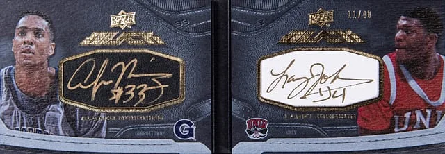 2012-13 Upper Deck Exquisite Collection Alonzo Mourning/Larry Johnson UD Black Leather Autographs Dual #L-MJ card image