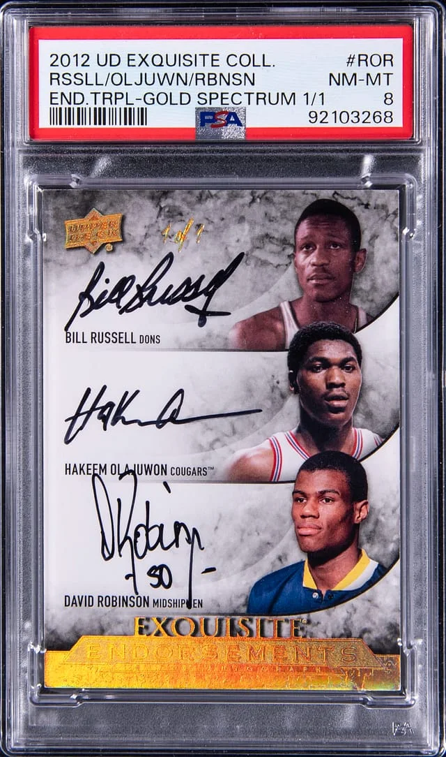 2012-13 Upper Deck Exquisite Collection Bill Russell/Hakeem Olajuwon/David Robinson Multi-Signed Endorsements Triple Gold Spectrum #EE3-ROR card image